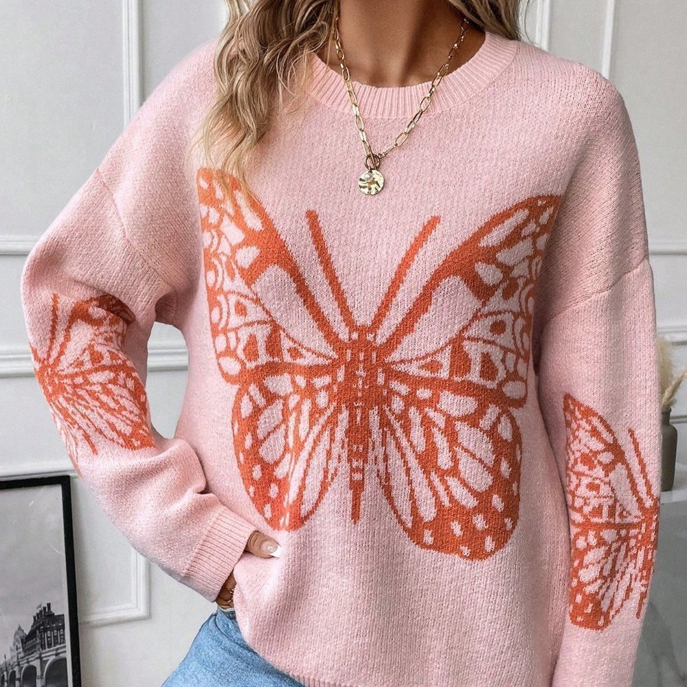 Pink Casual Womens Butterfly Pattern Drop Shoulder Sweater - Picture 3 of 5